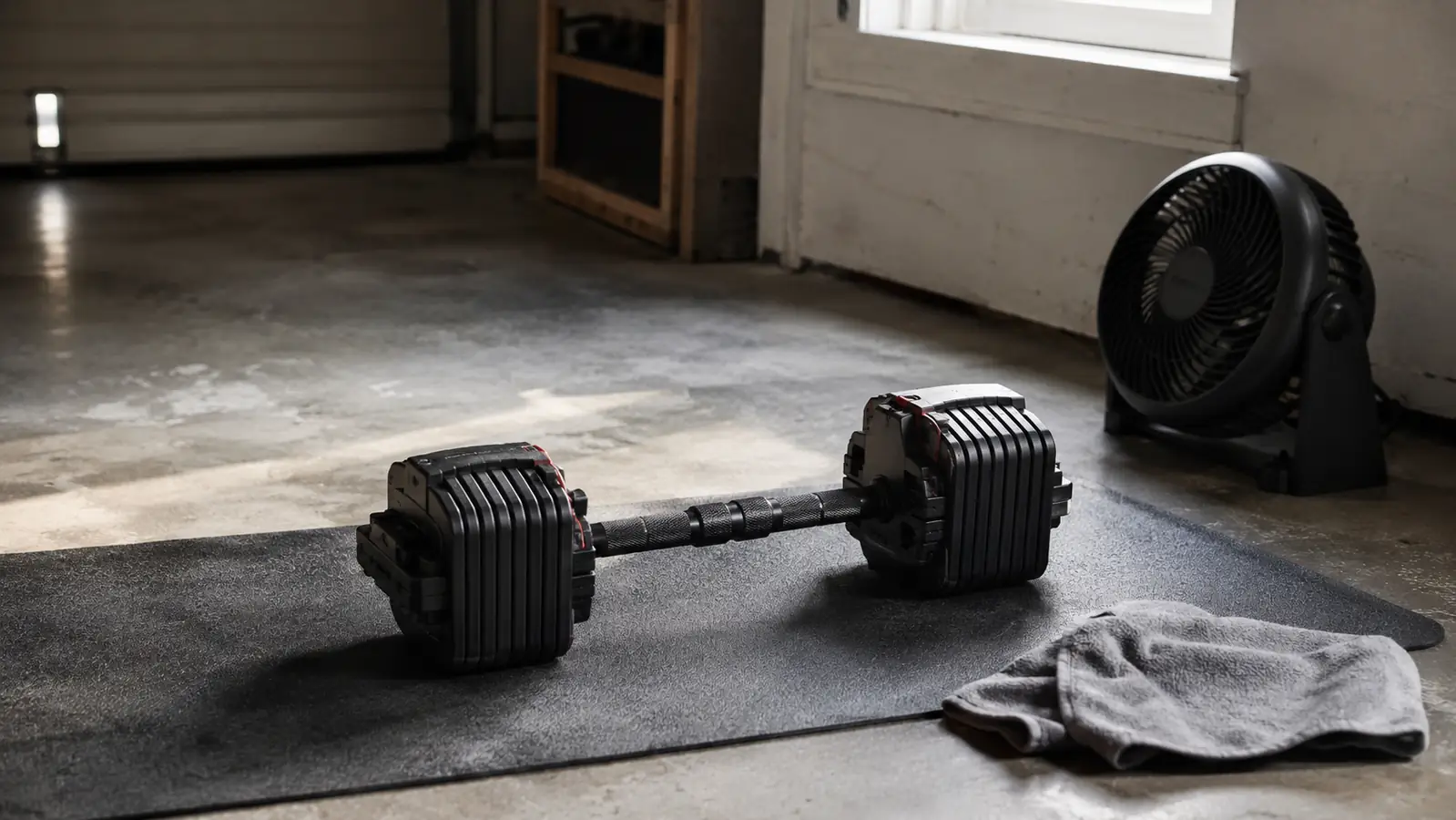 Two adjustable dumbbells joined by a connector bar to form a short barbell, resting on a rubber mat on a concrete garage floor