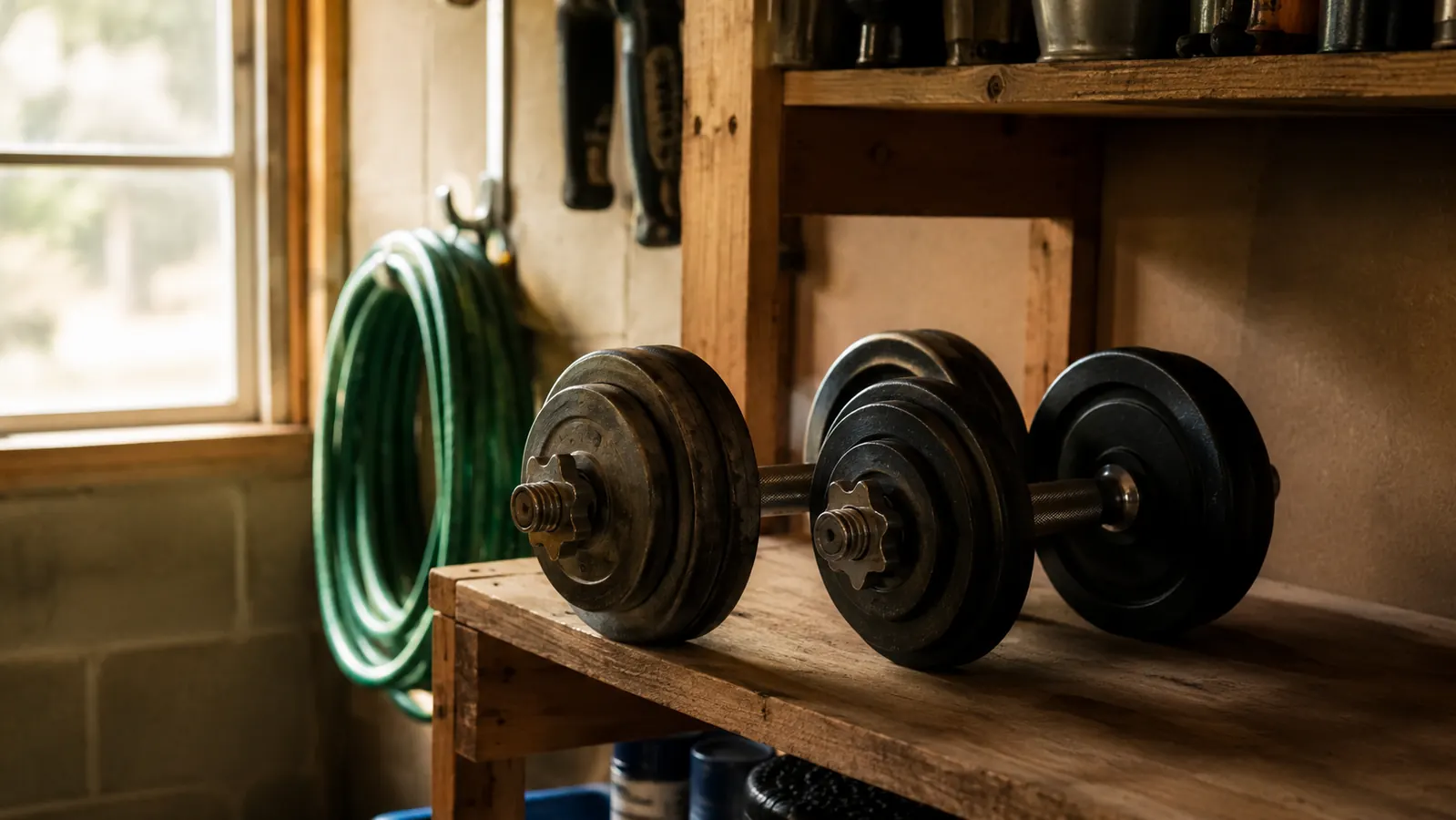 A pair of adjustable dumbbells with stacked plates resting on a wooden shelf at the end of a tidy home garage, soft morning light through a window