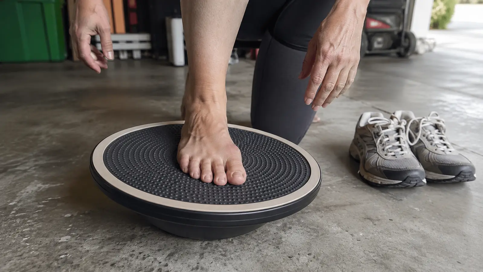 A close view of a bare foot resting on the textured non-slip surface of a wobble balance board on a garage floor
