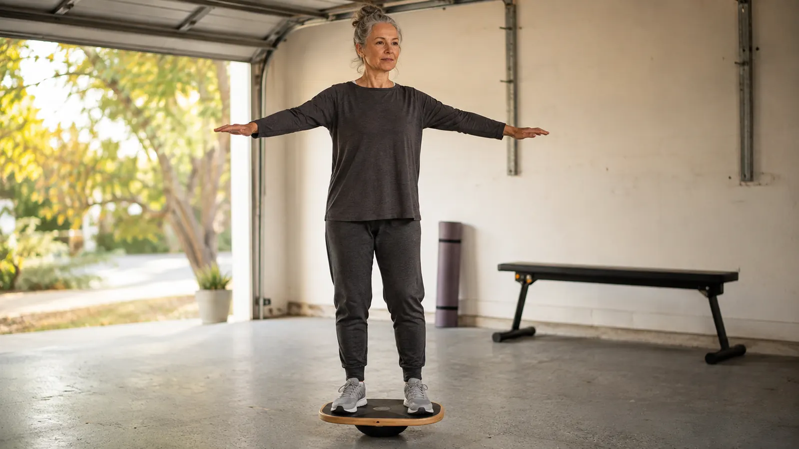 A woman in her late fifties standing on a wobble balance board in a garage, arms slightly out from her sides, morning light coming through the open door