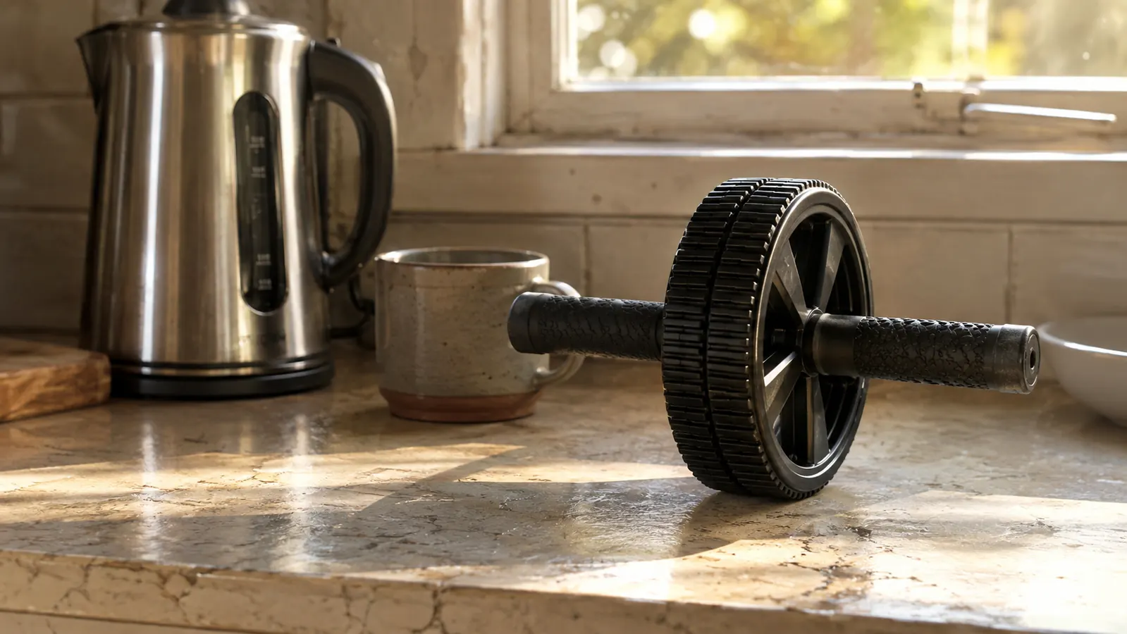 An ab wheel resting on a kitchen counter beside a kettle and a mug, late afternoon sun through a window