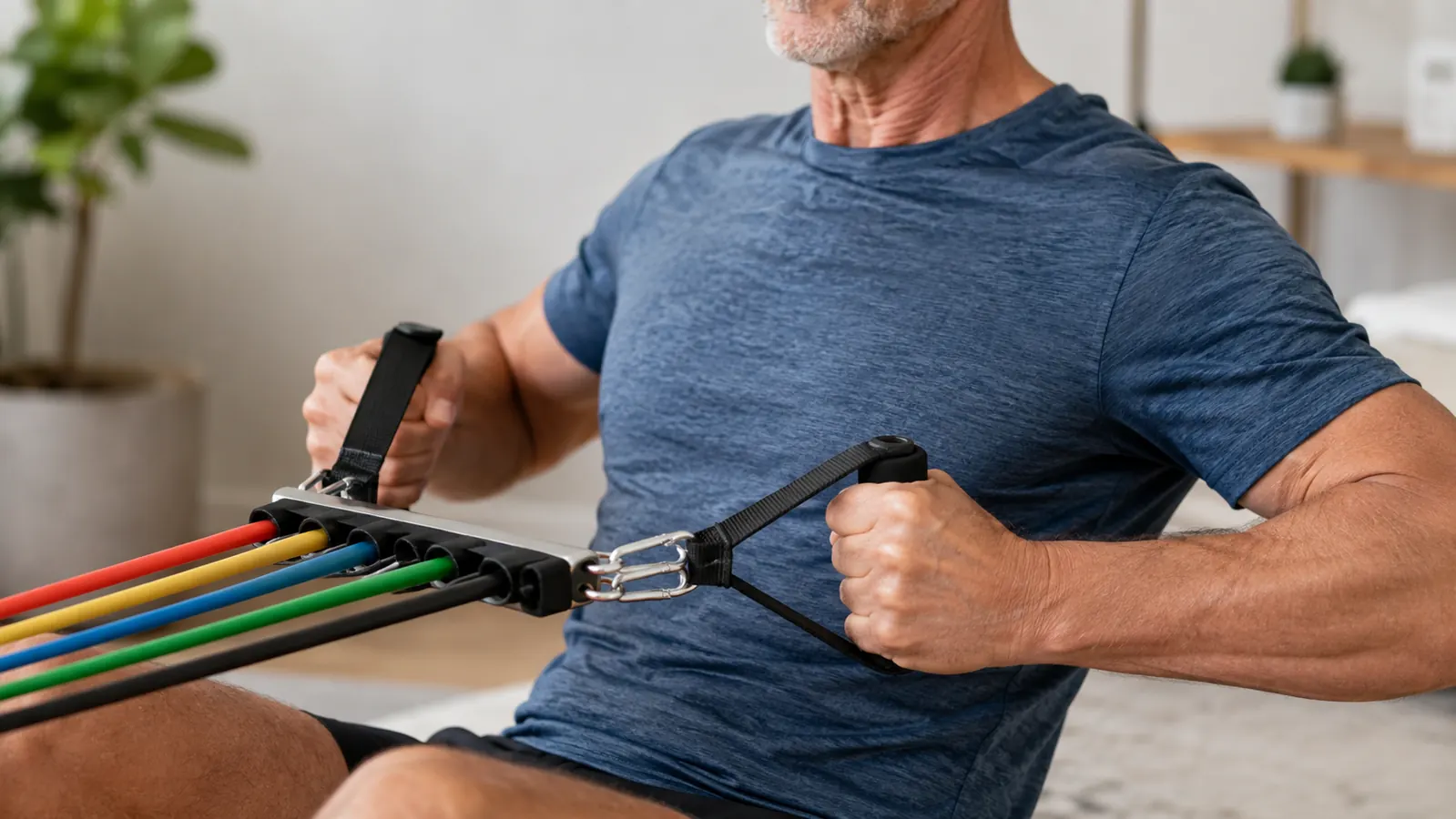 Hands gripping padded band handles, pulling a band across the chest in a seated row