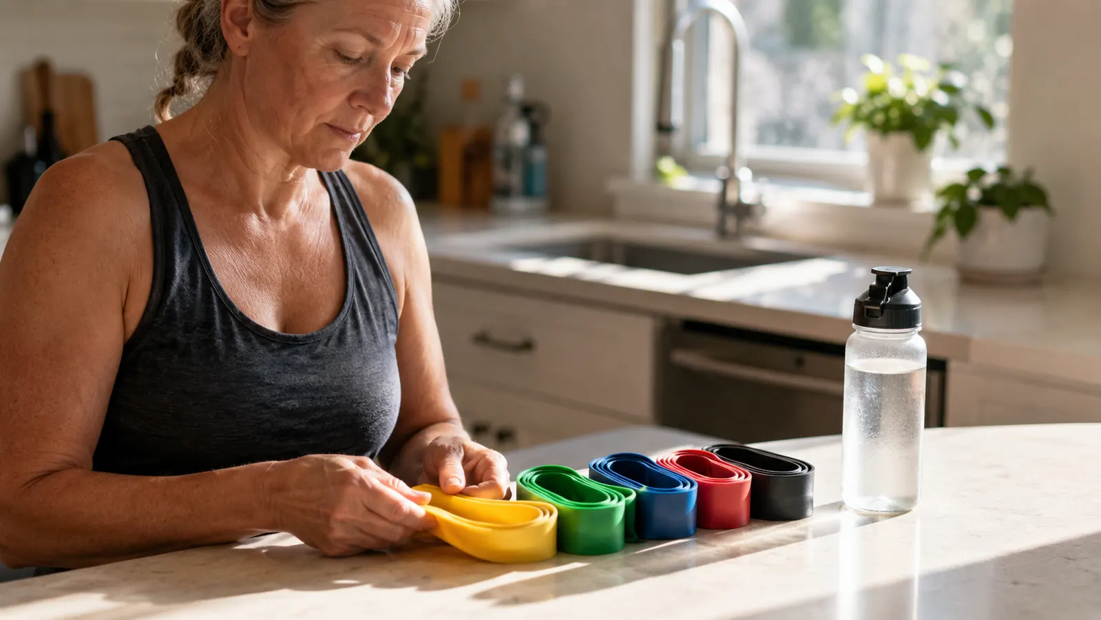 Five resistance bands of graduated thickness coiled beside a plain water bottle on a warm cream kitchen counter by the back door