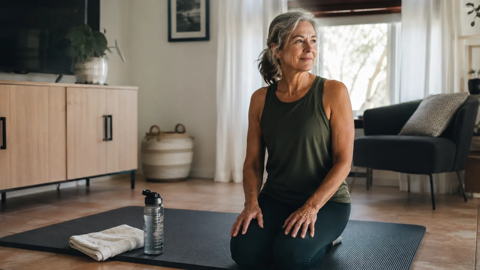 A woman in a long-sleeved top kneeling comfortably on a thick cushioned mat over a warm tile floor, morning light from a window, a water bottle to the side