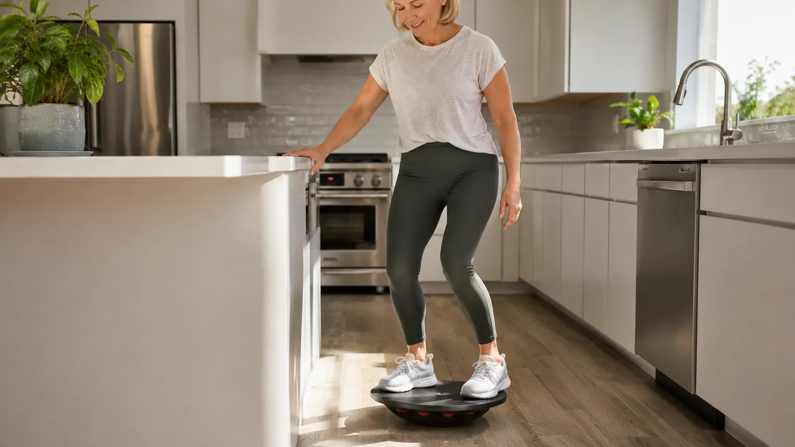 Side view of a woman gripping the edge of a kitchen counter with one hand while balancing on the wobble board during her morning routine