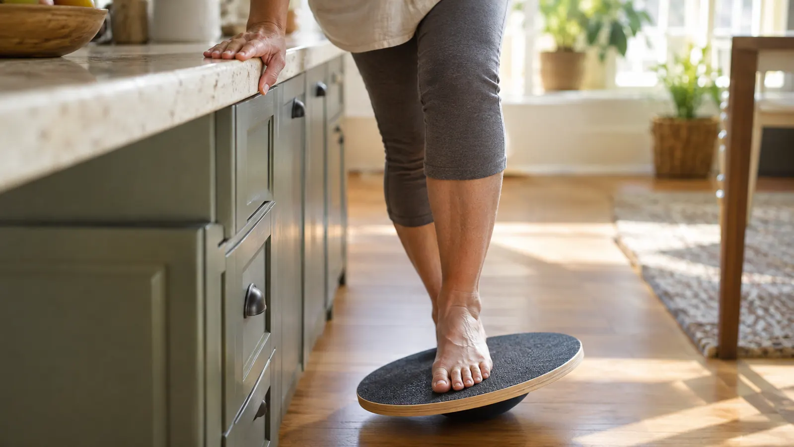 A hand resting on a kitchen countertop edge and a bare foot steadying itself on a wobble board in soft morning light