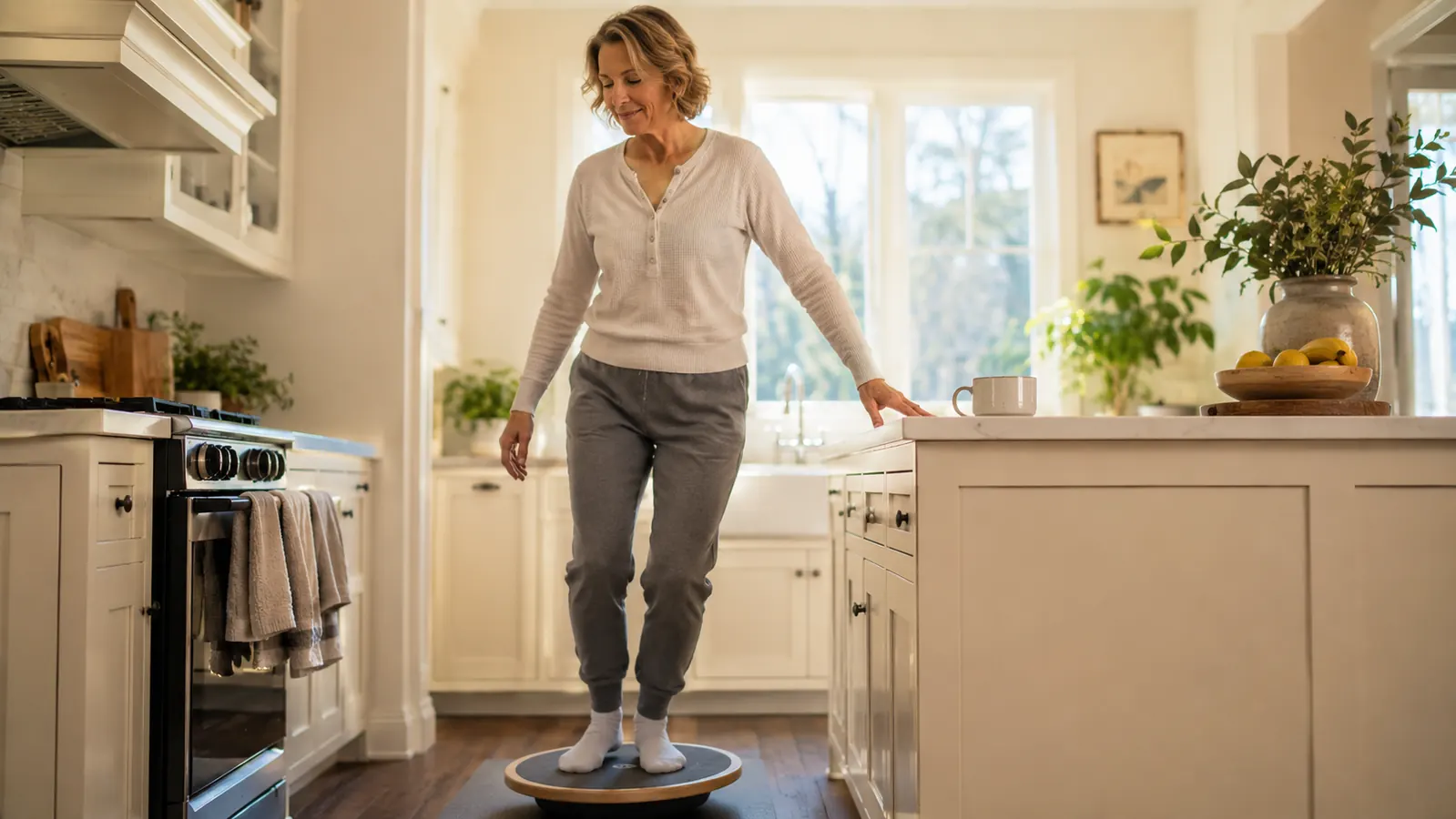 A woman in her late fifties practicing balance on a wobble board beside a kitchen counter, one hand resting on the counter for support, morning light through a window
