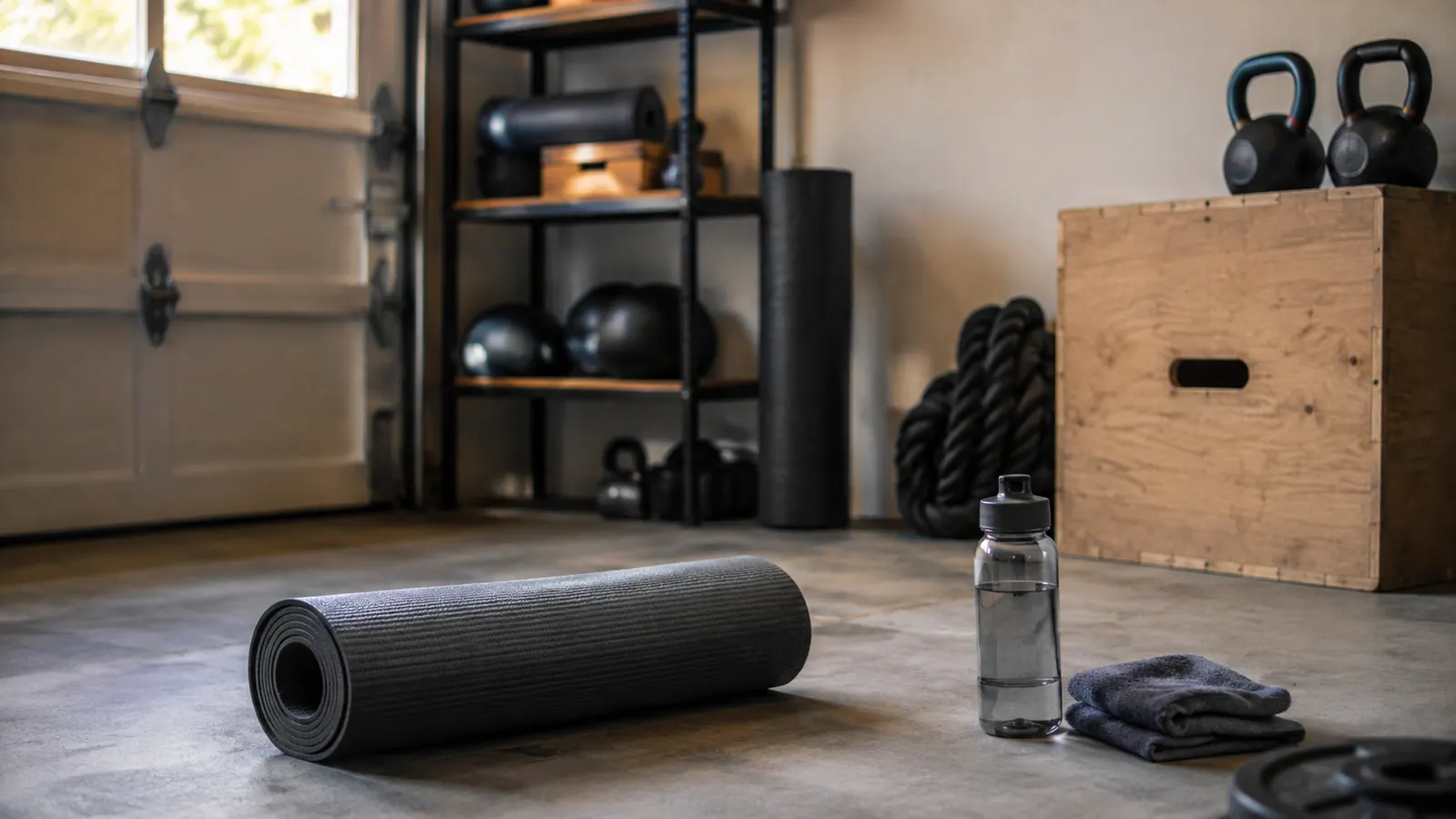 A thick cushioned yoga mat rolled out on a concrete garage floor in a home workout corner, warm morning light across the room