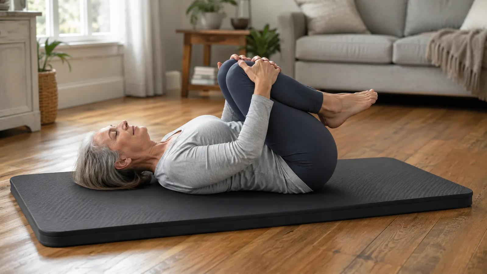 A woman in her late fifties lying on her back on a thick exercise mat on a living-room hardwood floor, knees pulled toward her chest, hands resting on her shins, soft daylight