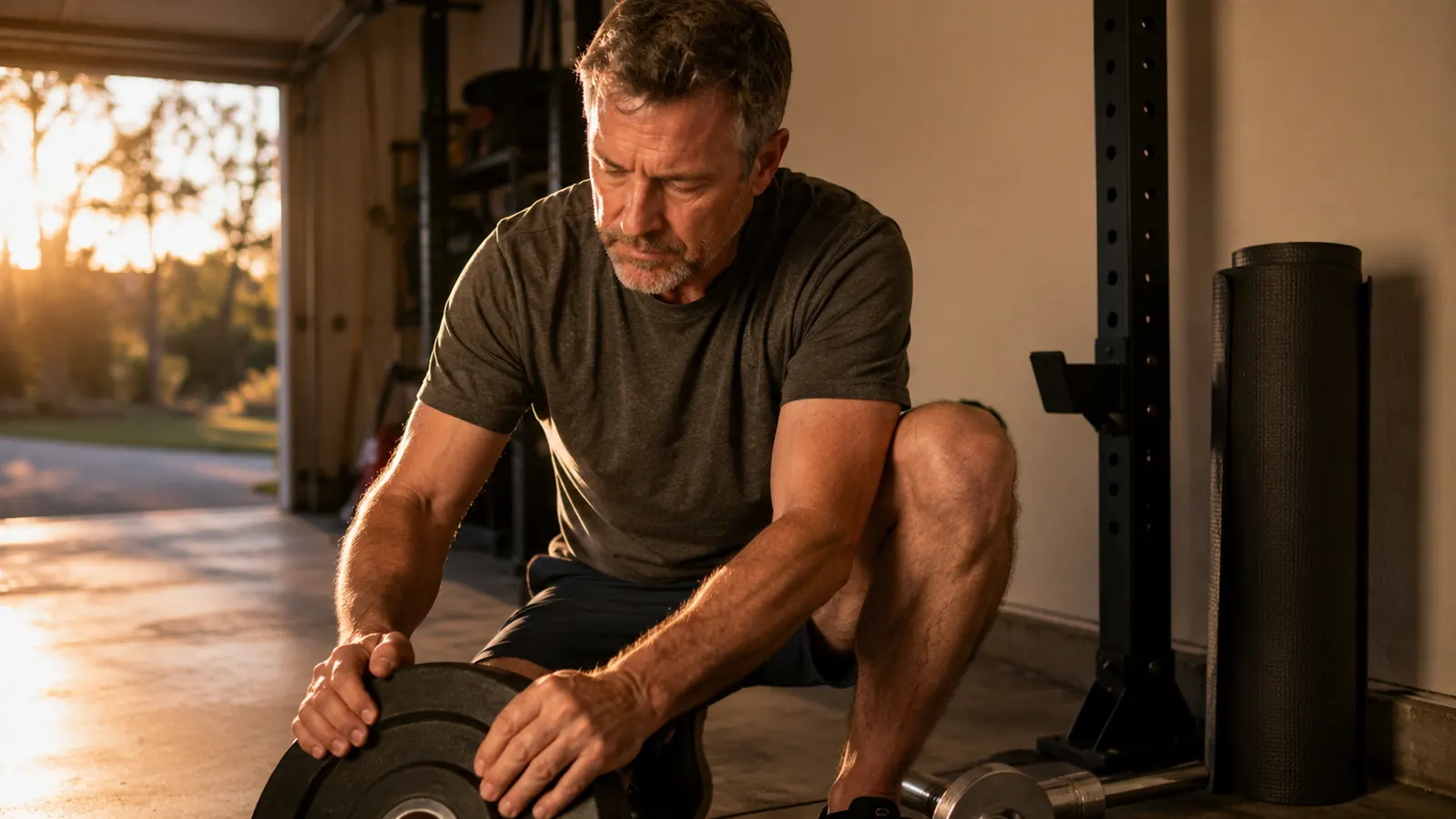 A thick rolled exercise mat leaning against a garage wall at dawn, a squat stand and open garage door on the right, warm morning light spilling across a concrete floor