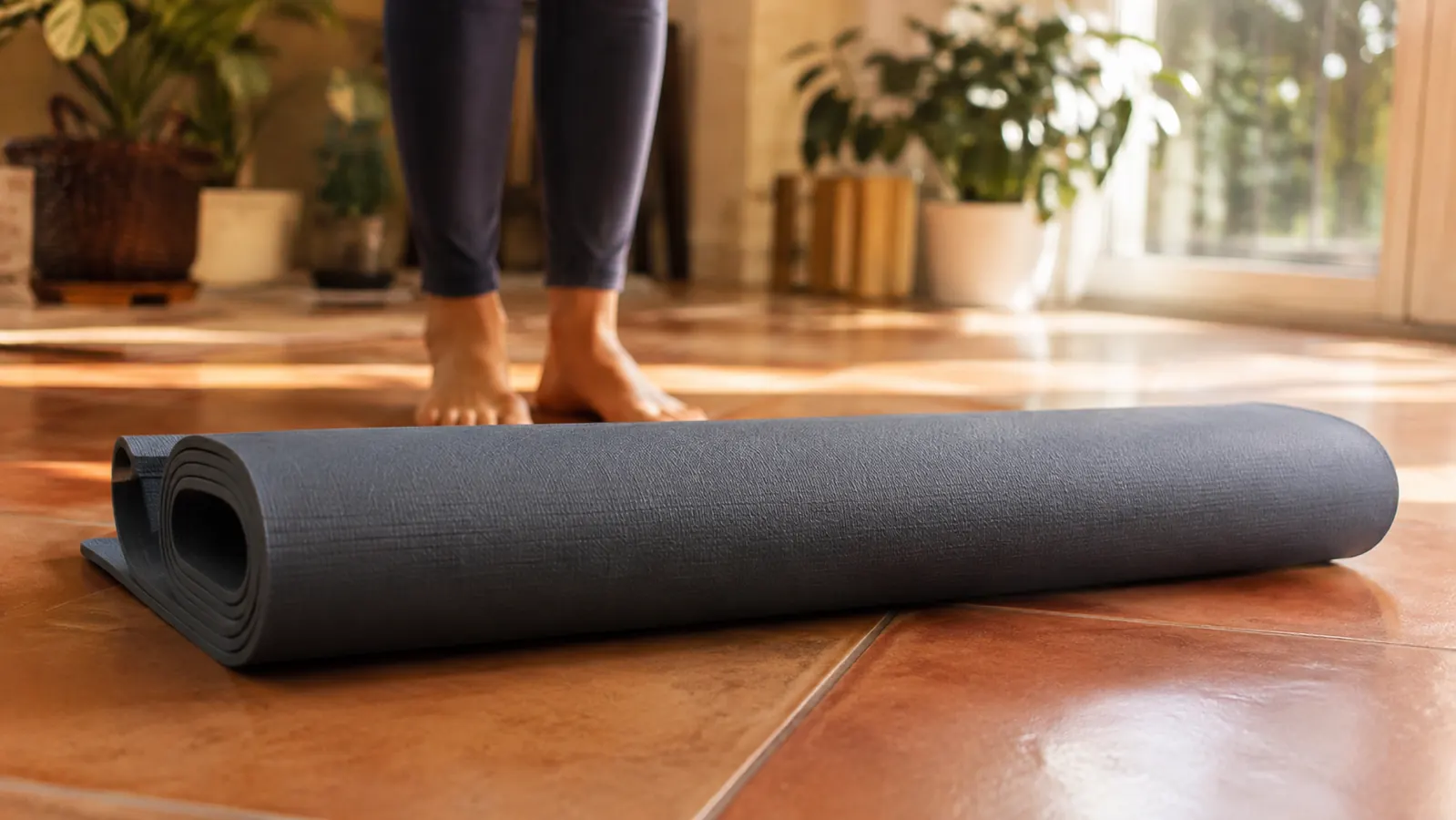 An extra thick yoga mat rolled out on a tiled sunroom floor in soft morning light, a pair of bare feet standing at one end