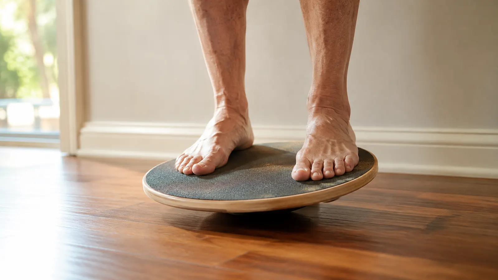 A pair of bare feet standing on a round wobble balance board on a warm wood floor beside a wall, soft morning light through a window