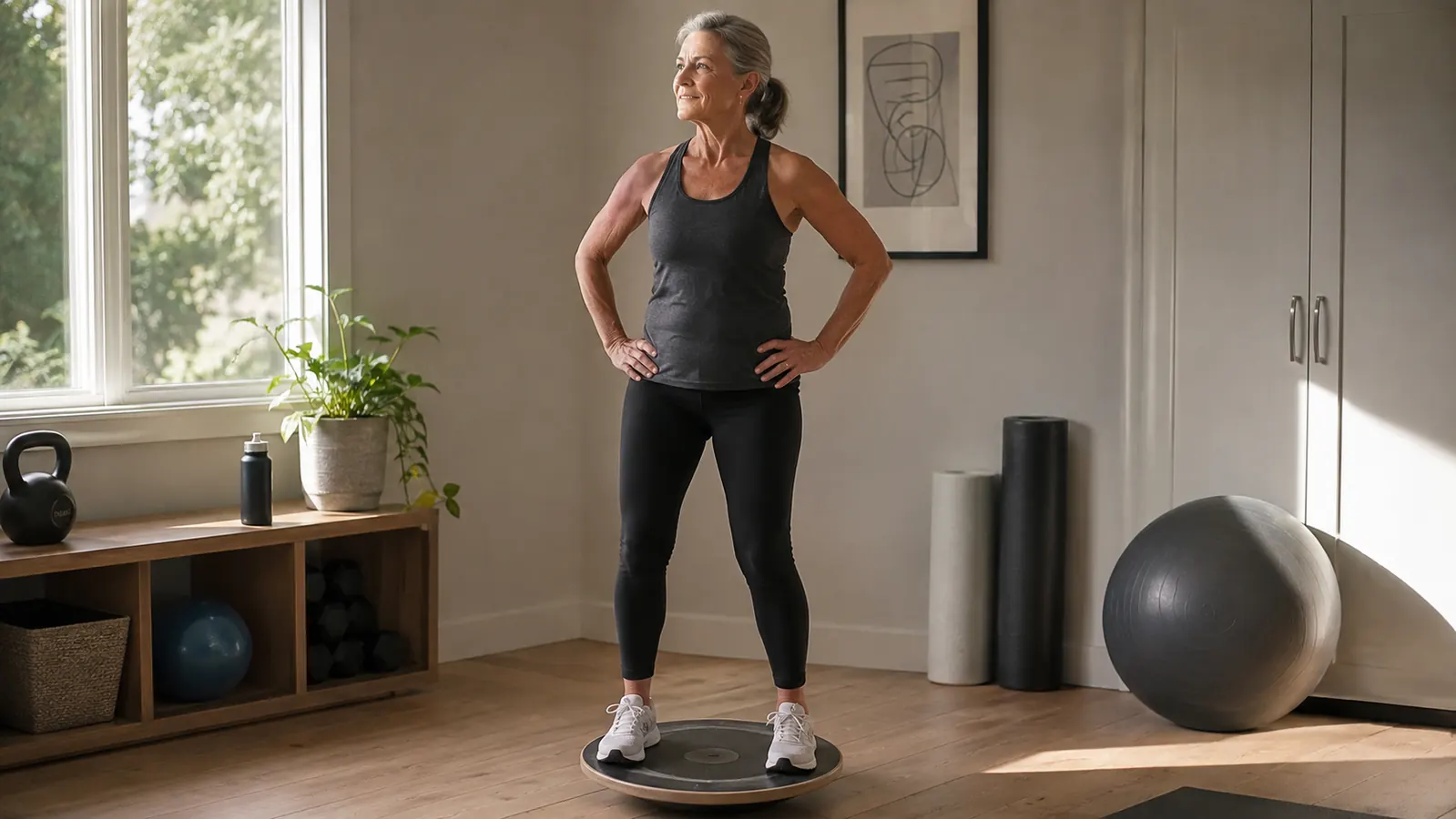A woman in her late fifties balancing on a round wobble board in a warm sunlit home gym corner, hands on hips for stability