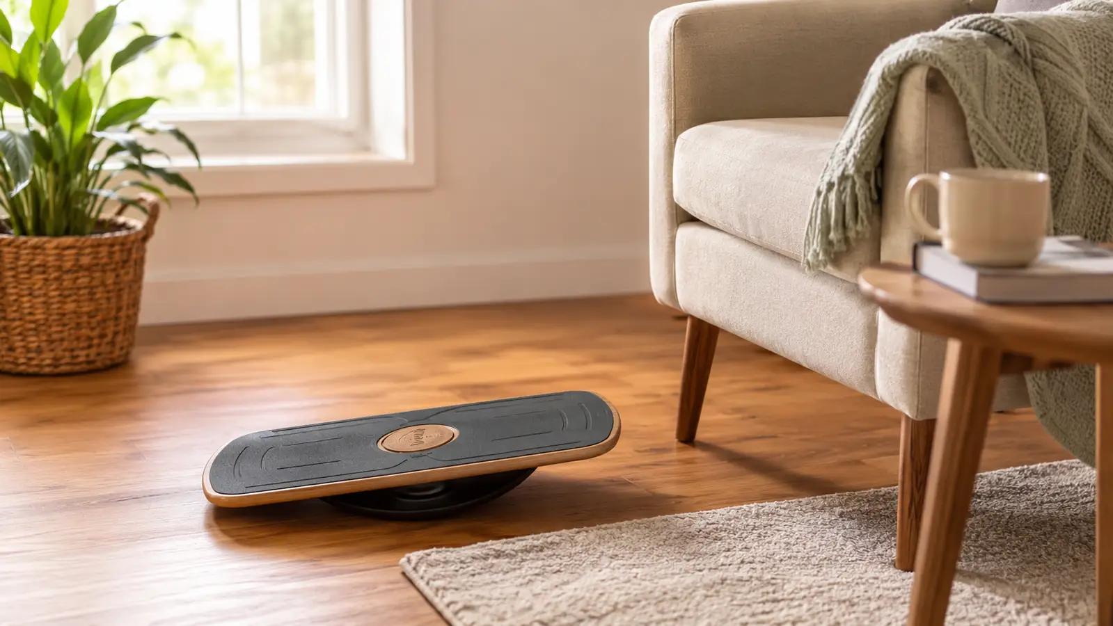 A wobble exercise board resting on warm oak hardwood beside a reading chair, soft morning light through a window