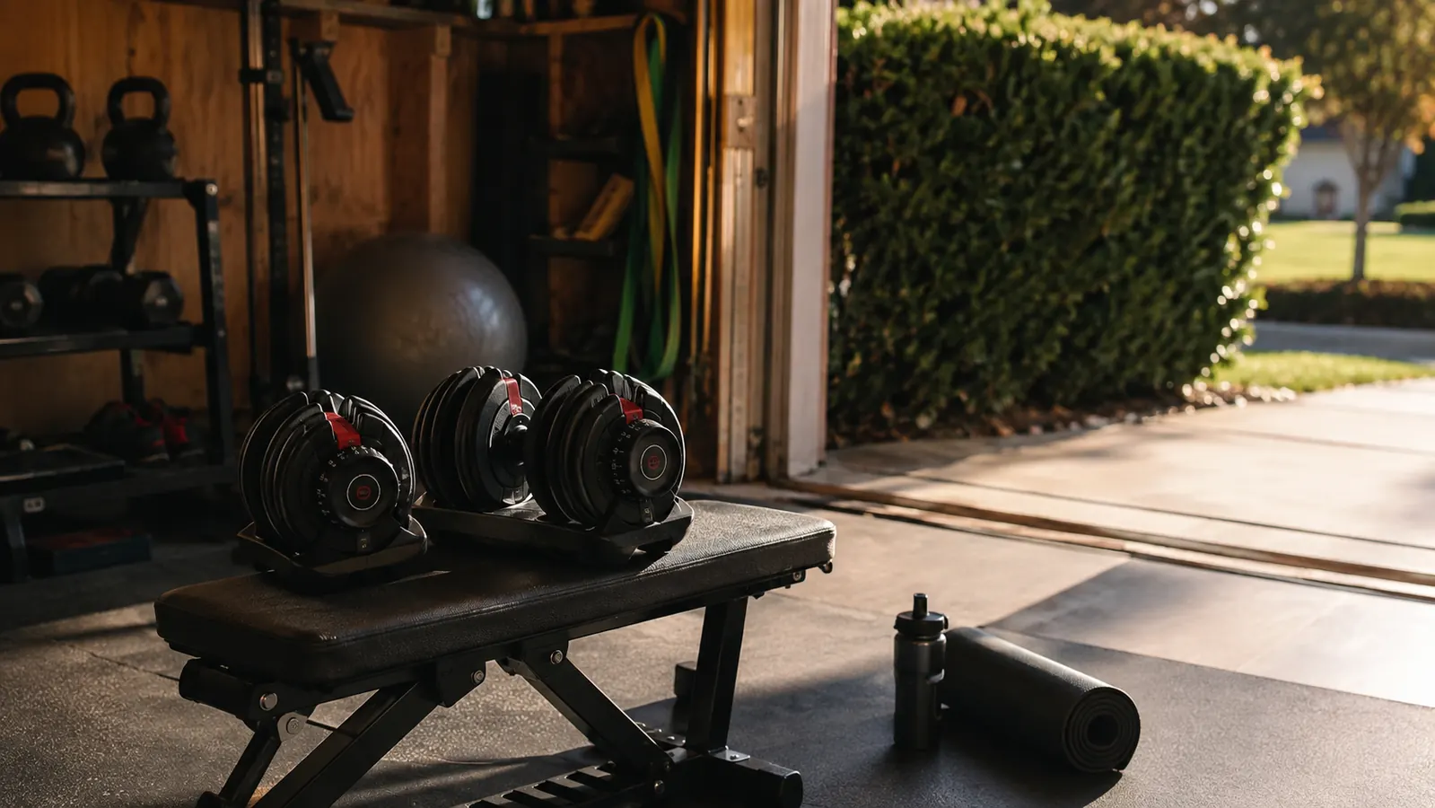Adjustable dumbbells resting on a padded bench in a home garage gym, open garage door behind, warm morning light