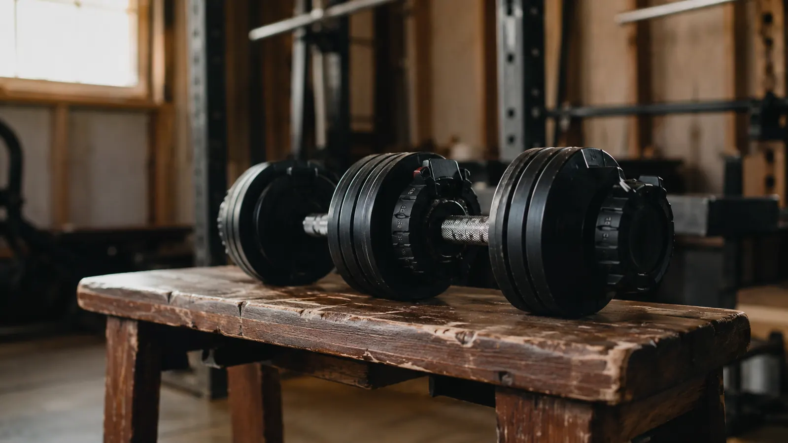 A pair of adjustable dumbbells resting on a worn wooden garage bench in early morning light, a squat stand blurred behind them