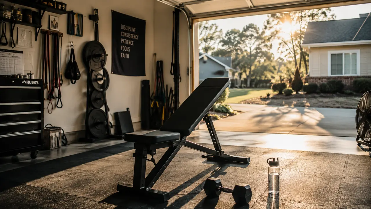 A home garage gym in morning light with a workout bench, rubber floor mats, and a pair of dumbbells resting on the mat