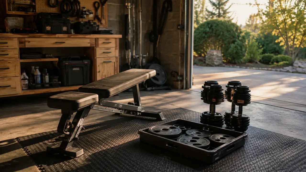 A home garage gym corner with a padded bench, a tray of weight plates, and a pair of adjustable dumbbells, warm morning light through an open door