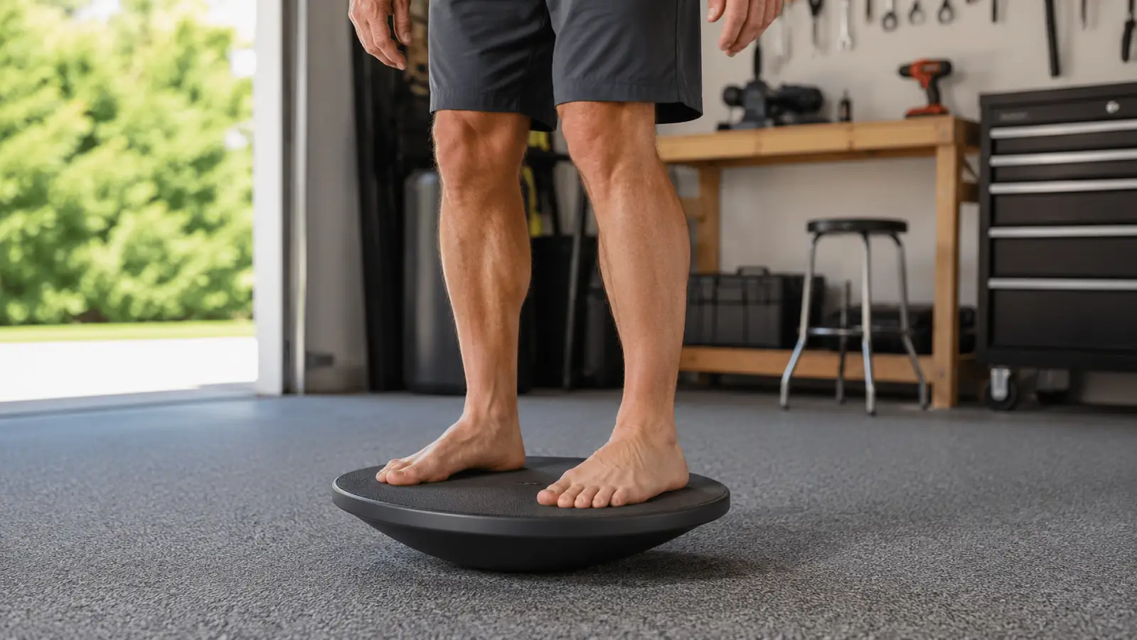 Feet standing on a flat round balance board placed on the carpeted floor of a home garage