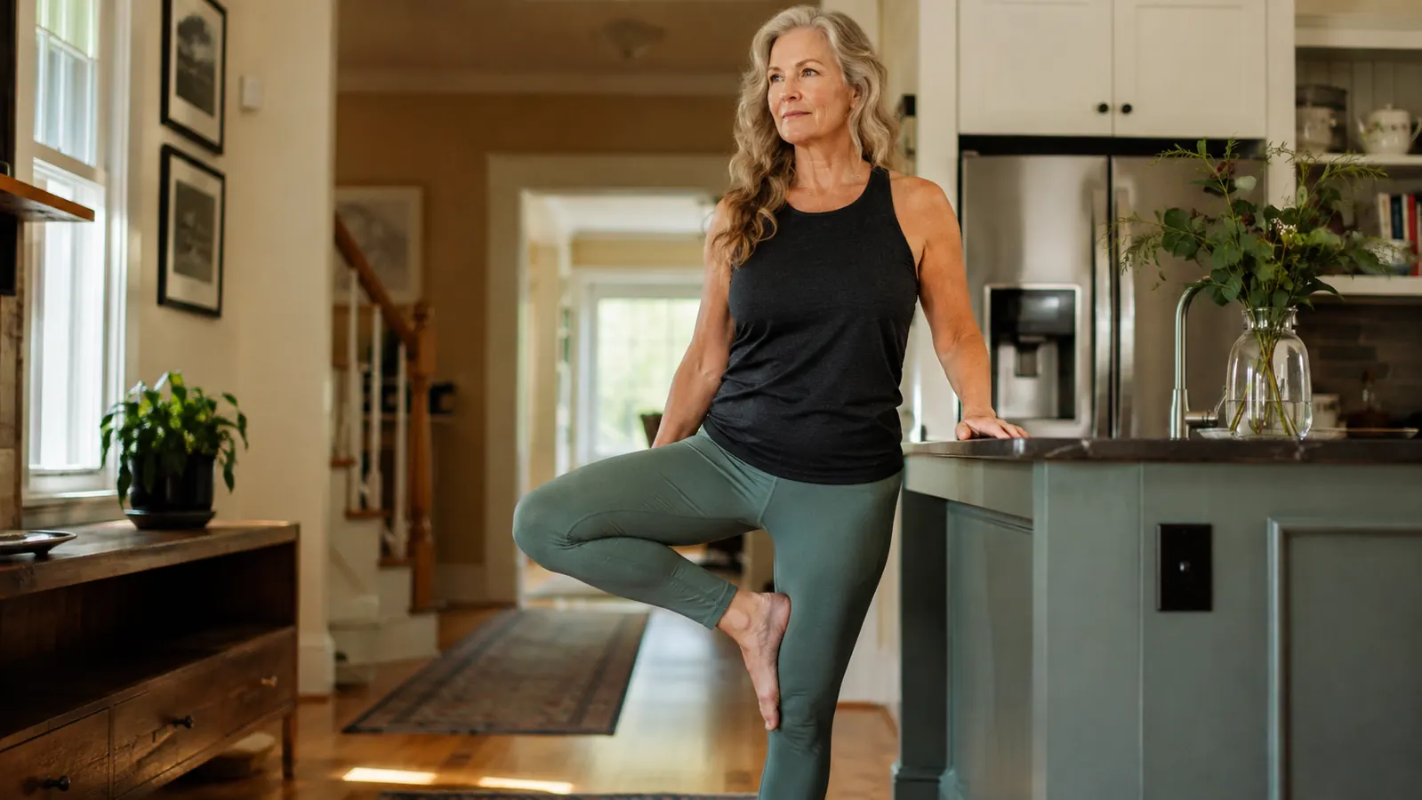 An older woman steadying herself with one hand on a kitchen countertop while holding a single-leg balance, warm morning light through a window