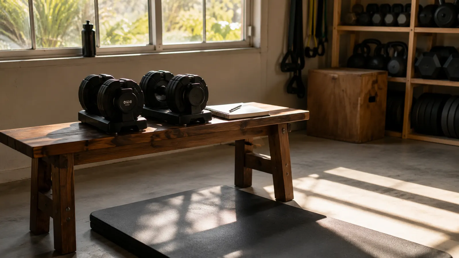 A tidy corner of a home garage gym at dawn, a single pair of compact adjustable dumbbells resting on a wooden bench beside a spiral notebook