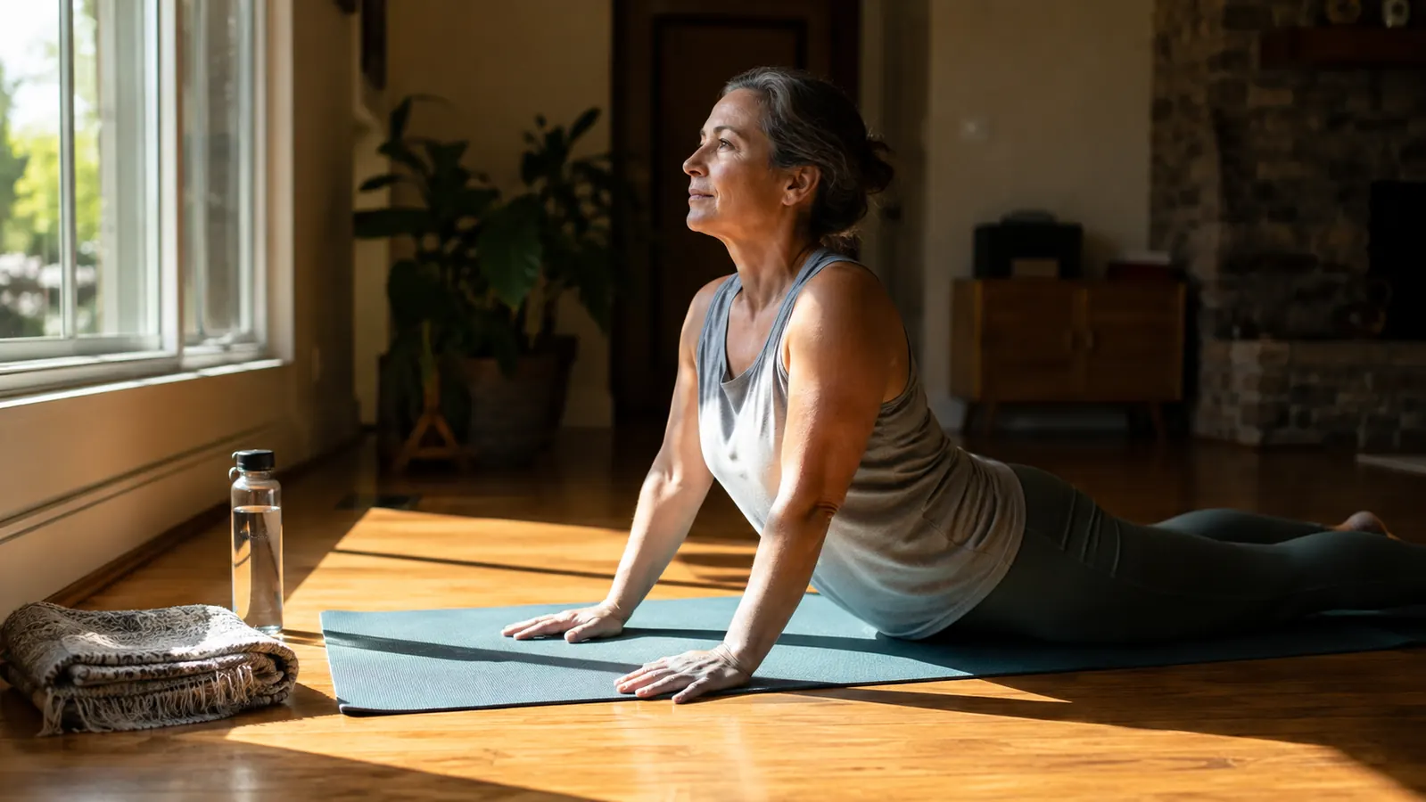 A thick yoga mat unrolled on a sunlit wooden living room floor beside a window, a folded blanket and water bottle resting in the corner