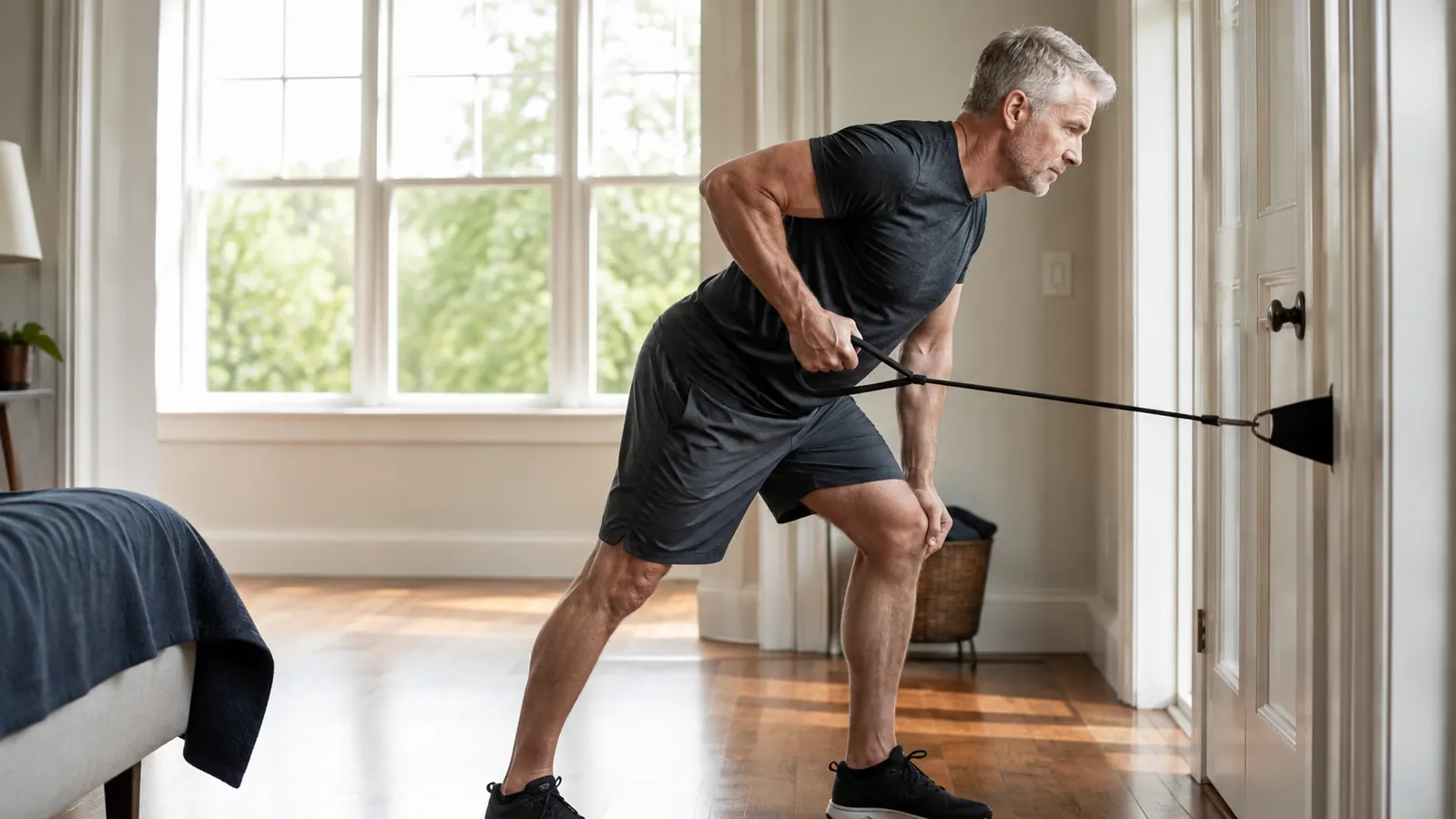 A person doing a standing band row, band anchored low on a door, elbows drawn back, face calm and focused
