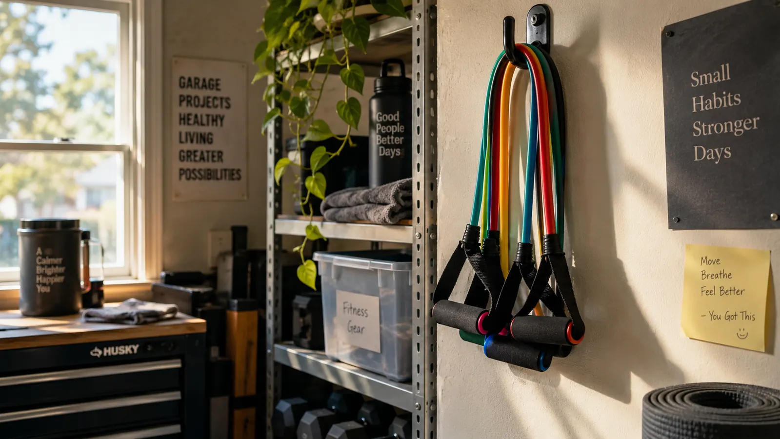A steel rack of resistance bands with handles hanging on a wall hook beside a doorway in a warm garage gym, soft morning light through the window