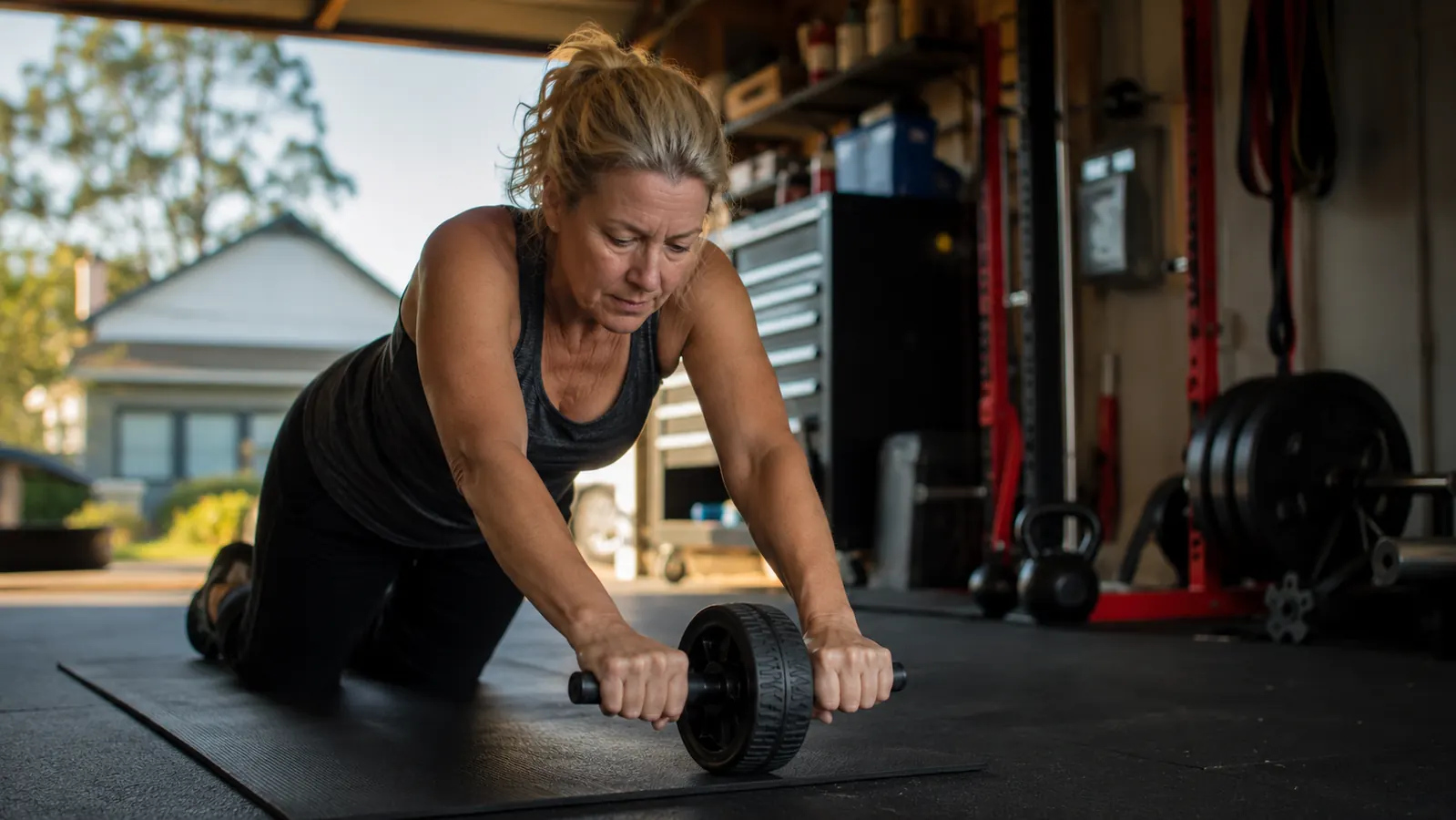 A woman in her fifties kneeling on a knee mat in a garage gym, hands on the handles of an ab roller wheel, soft morning light coming through the open bay door
