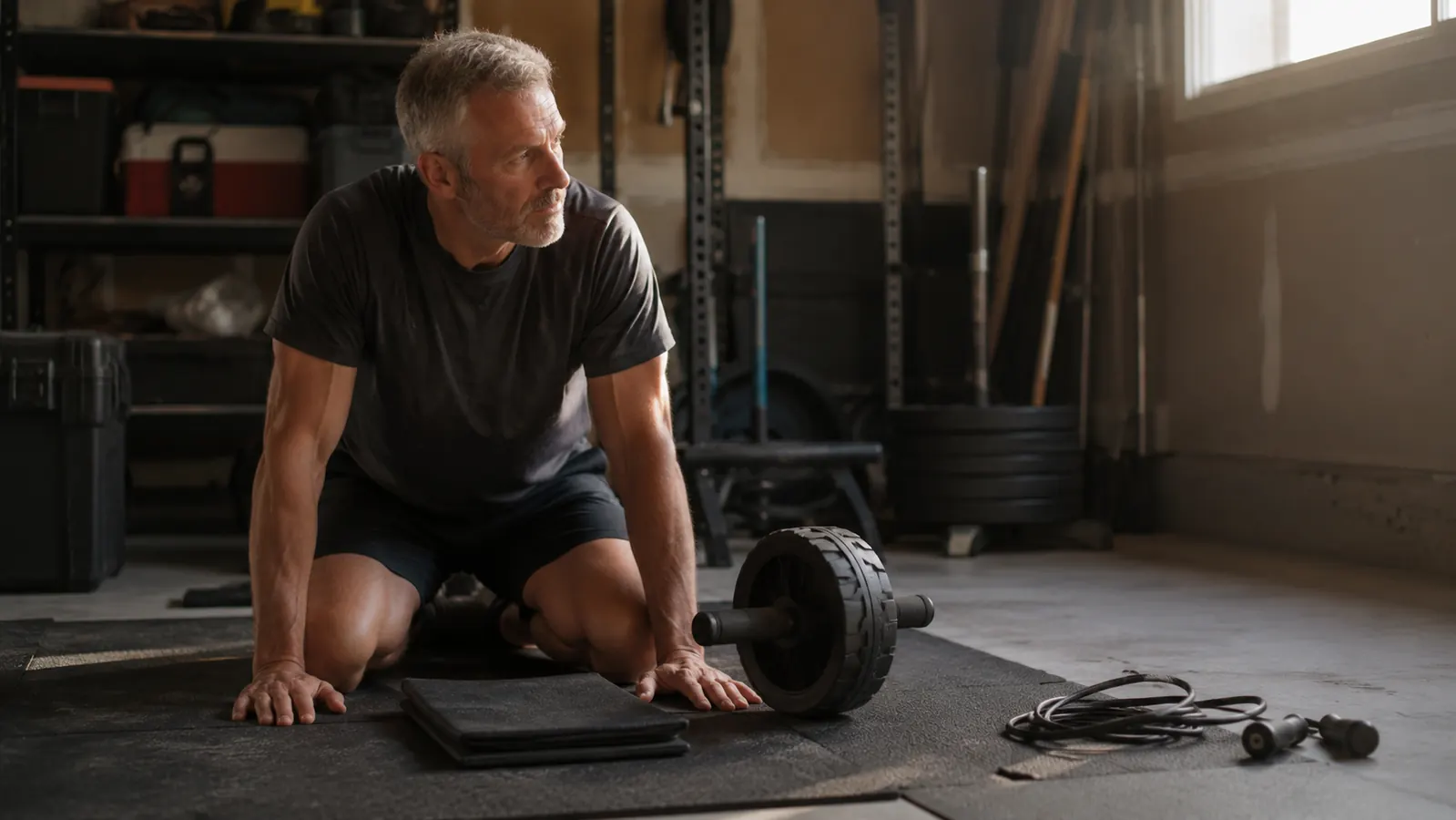 An ab roller kit resting on a rubber mat in a corner of a home garage, warm morning light through a side window.