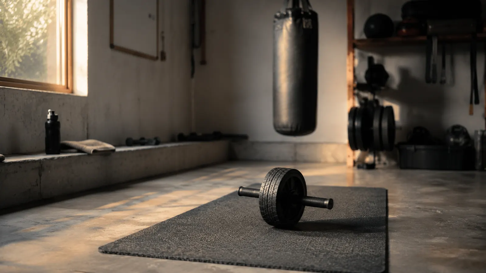 An ab roller resting on a rubber mat in a home garage, soft morning light coming through a side window.