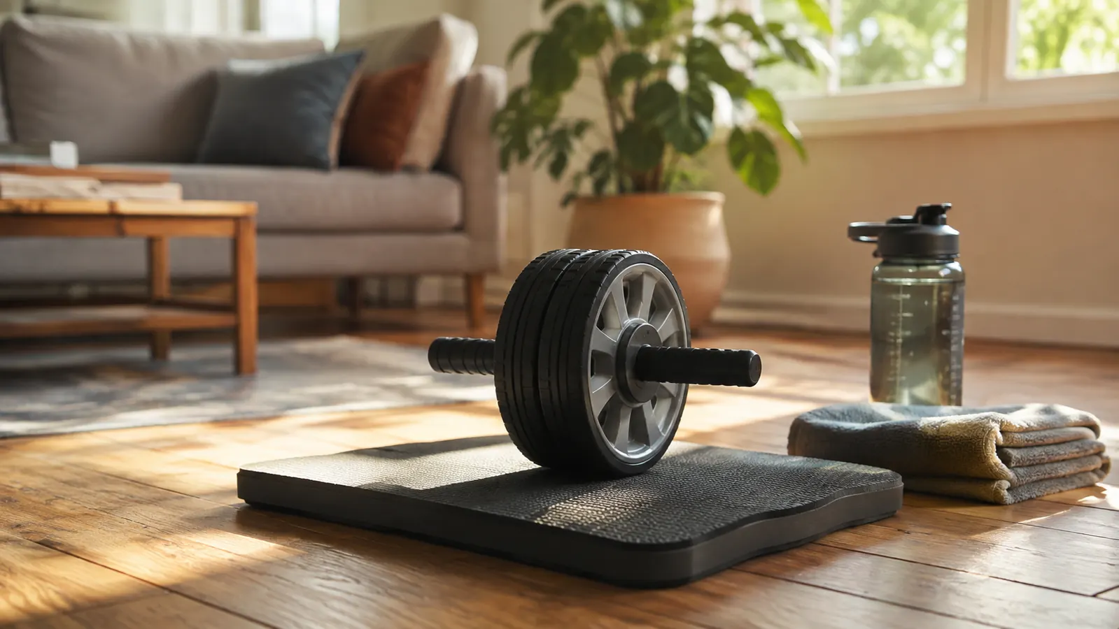 A wide ab roller wheel resting on a thick knee mat on a wood floor in a living room, warm morning light through a window