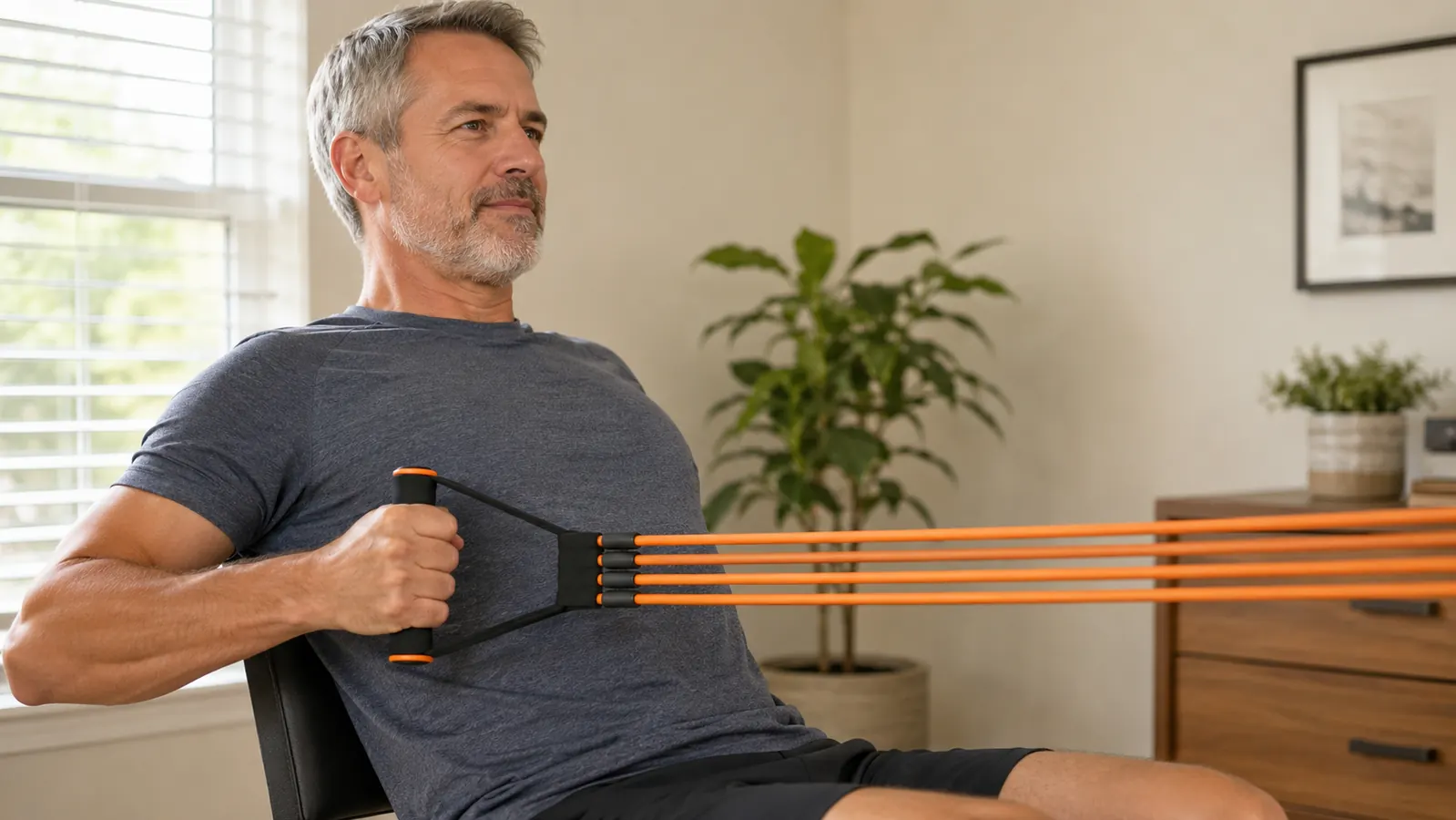 A hand gripping a resistance band handle mid-row, the band taut, seated on the edge of a chair near a sliding door