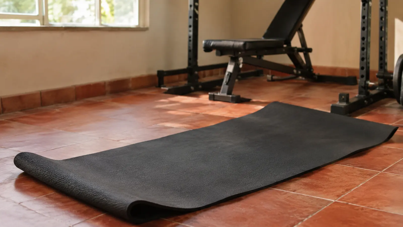 A thick cushioned exercise mat unrolled on warm tile in the corner of a garage, with a rack and free weights blurred in soft morning light