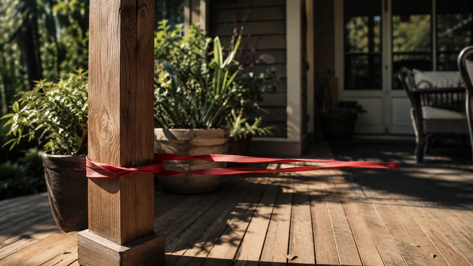A resistance band looped around a solid wooden porch post at low height on a sunlit patio, ready for a low-anchored press.