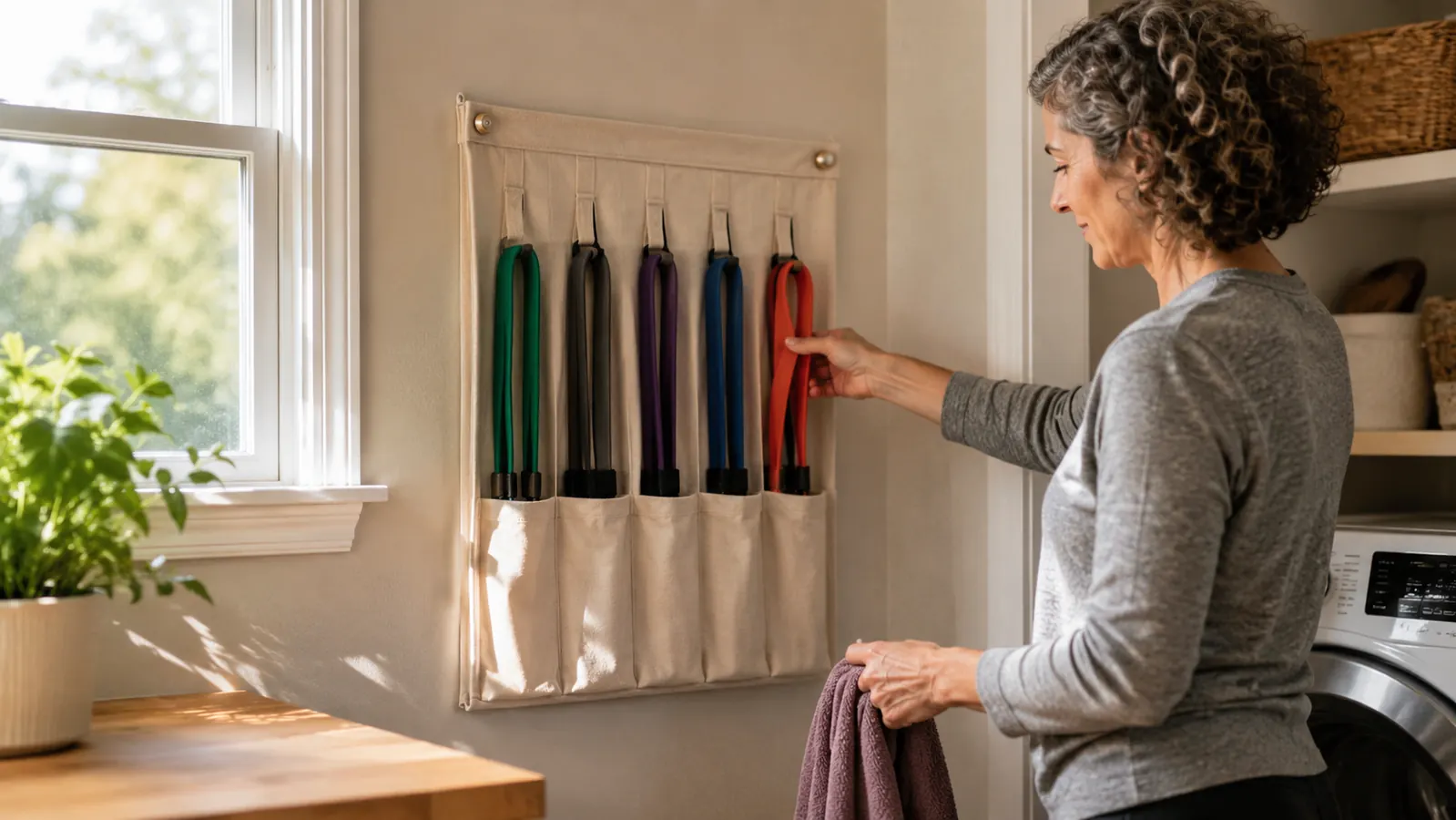 A set of resistance bands stored flat and hanging in a cloth organizer on a hook by a bright window in a home laundry room, each band looped on its own strap.
