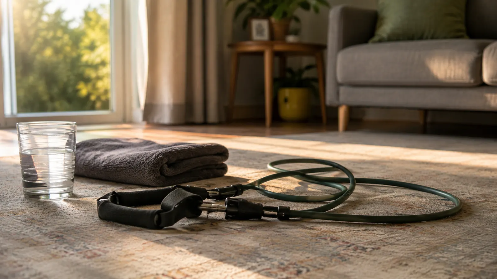 A set of resistance bands with padded handles resting on a living room floor in warm afternoon light, near a folded towel and a water glass