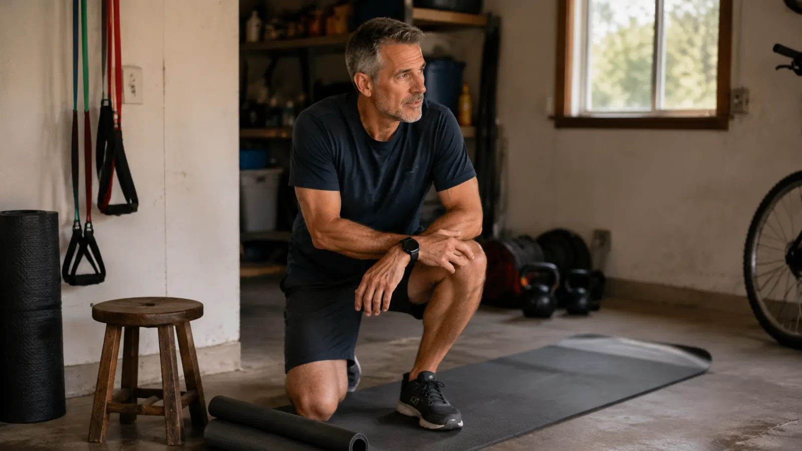 A home garage training corner in morning light, a rolled mat on the floor, a small wooden stool, and resistance bands hanging from a hook beside a window.